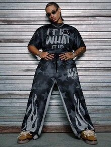 AXEPEAK Men's Star & Flame Print Fashion Streetwear Knit T-Shirt And Pants Set, Cozy Outfits - Black - View 6