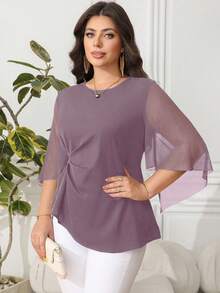 Reflora Plus Size Elegant Commuter Solid Color Bell Sleeve Shirt - Dusty Purple - View 4