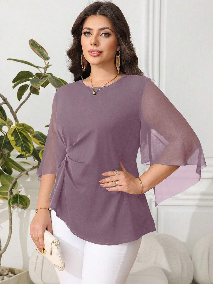 Reflora Plus Size Elegant Commuter Solid Color Bell Sleeve Shirt Fall - Dusty Purple - View 1