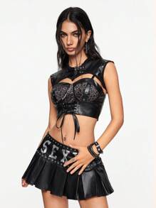 ROMWE Goth 哥特朋克金属扣眼系带PU拼布豹纹女式背心 - 咖啡棕 - 查看 5