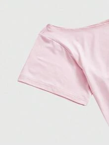 ROMWE Kawaii Plus Size Sexy Asymmetric Shoulder Solid Color Basic Vintage Street Style Loose Fit Summer Tee - Pink - View 3