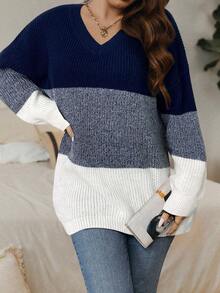 SHEIN LUNE 秋冬大码拼色V领休闲套头衫 - 藏蓝色 - 查看 5