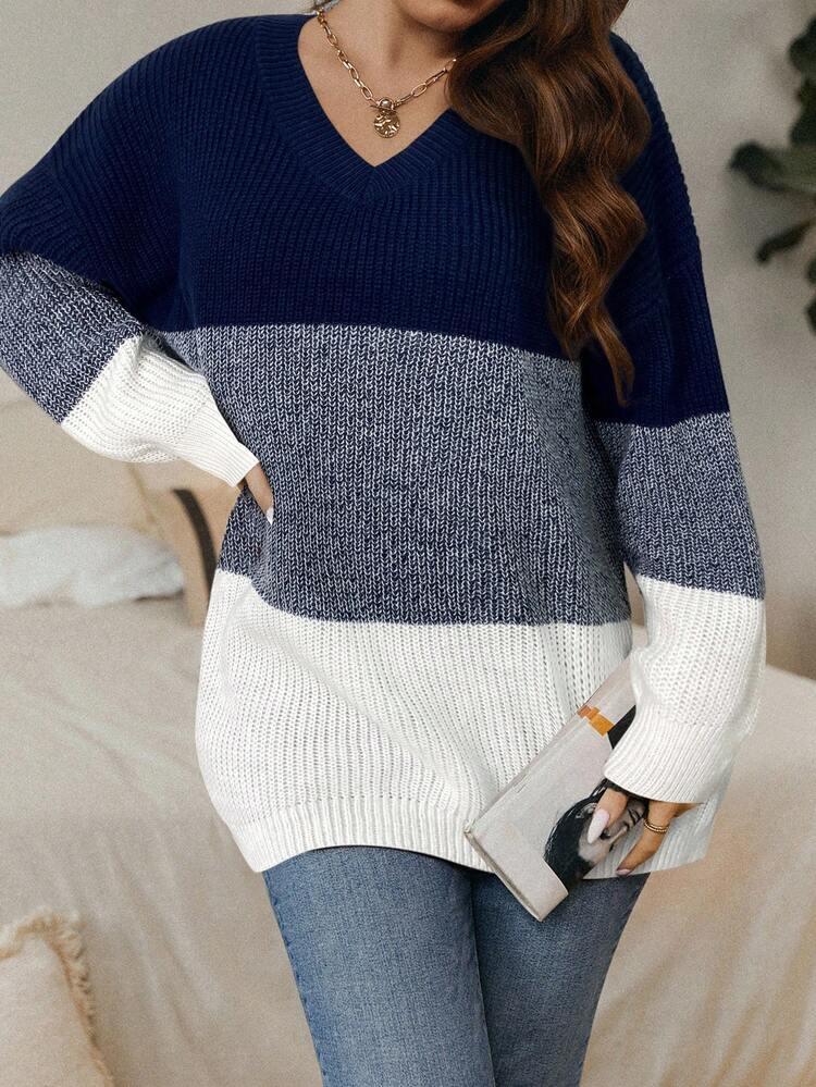 SHEIN LUNE 秋冬大码拼色V领休闲套头衫 - 藏蓝色 - 查看 5
