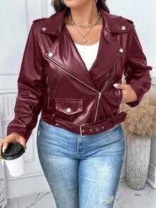 Calvaya 大码纯色简约休闲长袖翻领夹克 - 酒紅色 - 查看 5