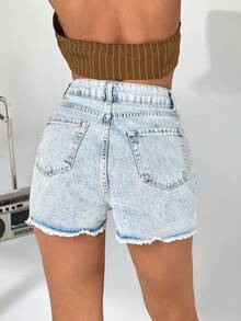 SHEIN Cottnline 100%Cotton High-Waisted Frayed Hem Denim Ultra-Short Shorts For Spring/Summer - Light Wash - View 2