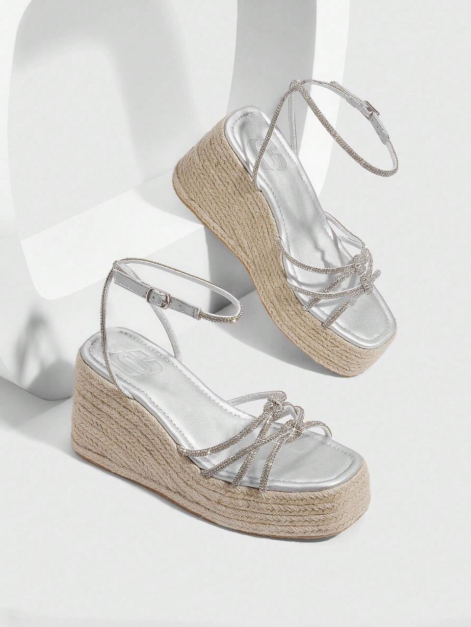 CUCCOO SZL Women's Summer Vacation Rope Rhinestone Wedge Thick Bottom Sandals