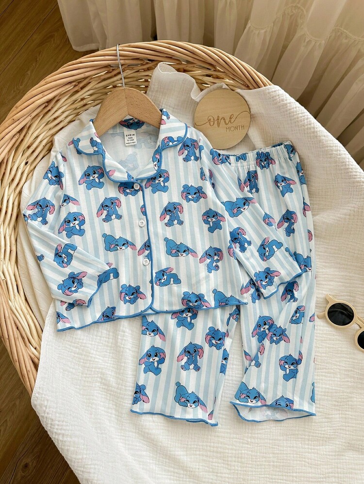 休闲百搭可爱卡通图案长袖睡衣套装，家居服 - 藍色 - 查看 6