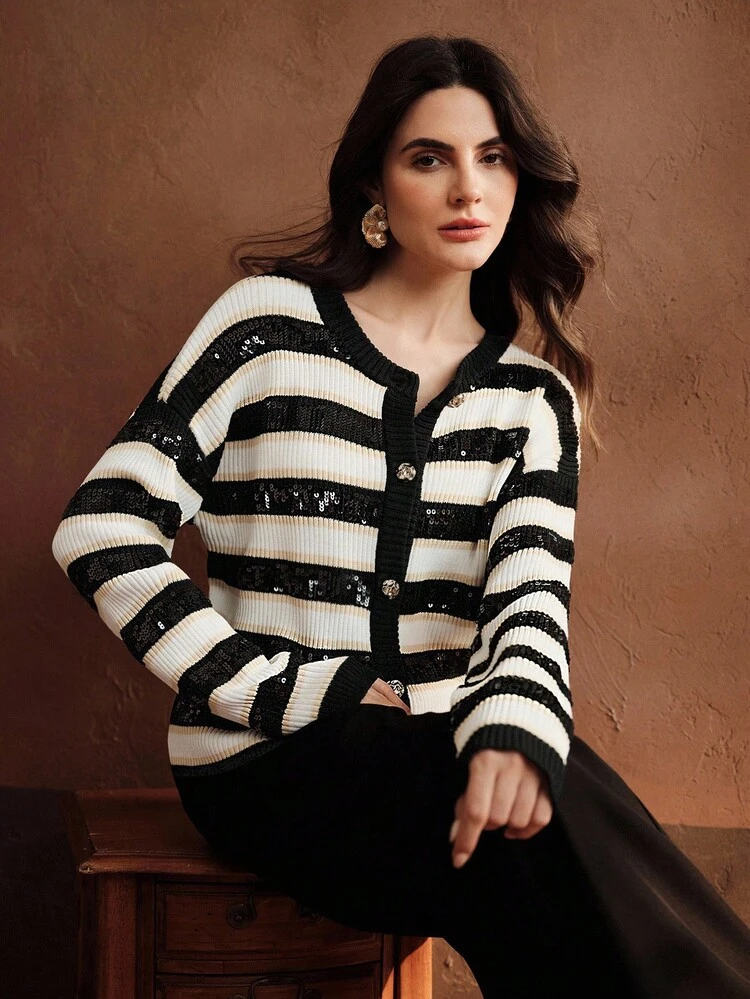 Women's Autumn/Winter Knit Cardigan, Christmas Chic Heavy Sequin Embroidery Colorblock Long Sleeve Crew Neck Sweater