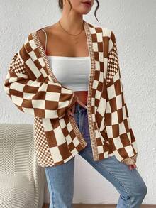 EMERY ROSE Damen Lässige Mode Schachbrettmuster Locker Strickjacke, Herbst/Winter - Khaki - Übersicht 3