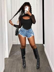 BamGleam Durchsichtiger Mesheinsatz Bodysuit Mit Hohlen Front Ausschnitt Und Langen Ärmeln