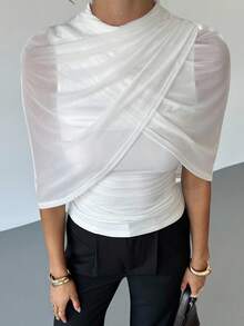 Firerie Áo lưới nhún bèo thường ngày dành cho nữ (Màu trắng) để mặc khi trở lại trường, đi làm, mặc cho giáo viên, mặc đi làm, đi chơi thường ngày, quần áo mùa thu dành cho nữ, quần thu/đông sang trọng, áo sang trọng, trang phục hẹn hò, áo cánh xã giao dành cho nữ và đàm phán kinh doanh. - trắng - Xem 9