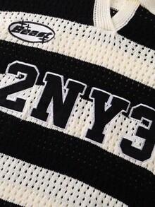 ROMWE MEN Prep 男士条纹字母刺绣毛衣，适合情人节、秋冬季节穿着，长袖上衣 - 黑色 - 查看 8