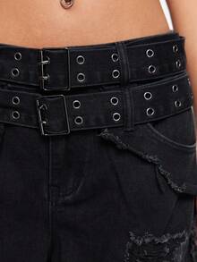 ROMWE Street Life 女式宽松做旧阔腿牛仔裤，双腰带设计 - 黑色 - 查看 2