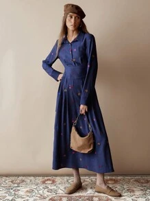Váy dài tay thanh lịch, dáng dài vừa phải dành cho nữ, phong cách Bohemian mùa thu/đông, trang phục công sở thường ngày dự tiệc tốt nghiệp dành cho nữ - Màu xanh lam - Xem 5