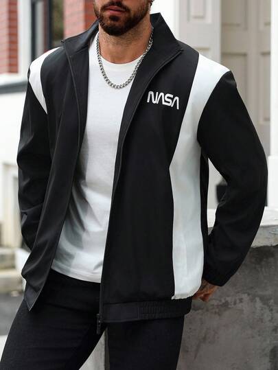 Manfinity Homme Plus Size Men's Autumn Letter Print Contrast Color Zipper Collar Casual Jacket, Fall