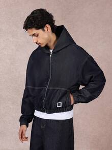 SUMWON Áo khoác denim lửng có mũ trùm đầu màu tối, quần jean oversized có khóa kéo, áo khoác ngoài, thời trang dạo phố, viền thun, mùa đông, mùa thu, thường ngày - Màu xanh lam - Xem 1