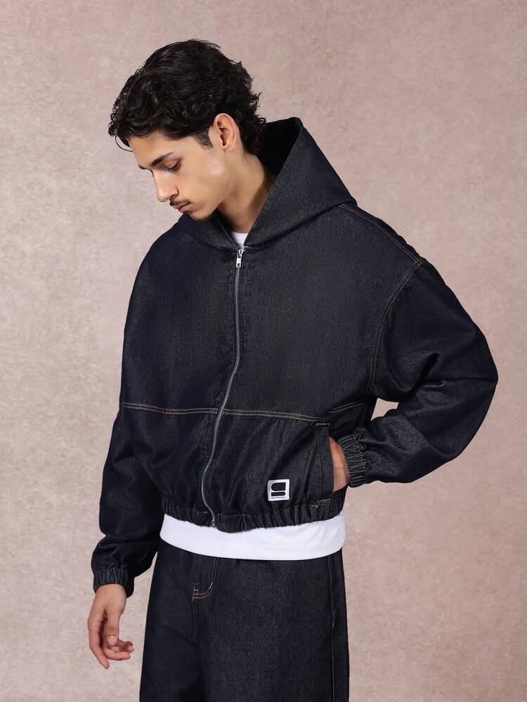 Hooded Denim Jacket With Elastic Hem And Zipper