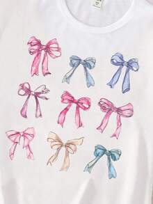 SHEIN 年輕女孩簡約方格蝴蝶結短袖T恤，休閒風格 - 白色 - 查看 3