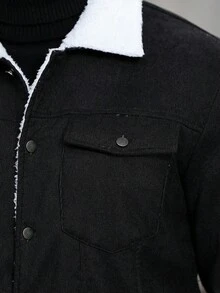 Manfinity Homme 男士长袖翻领装饰纽扣保暖休闲羊羔绒保暖内衬夹克，冬季灯芯绒黑色秋季夹克 - 黑與白 - 查看 6