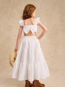 Girls' Vacation Sleeveless Ruffle Bowknot A-Line Shift Dress, Matching Sister Styles - White - View 6