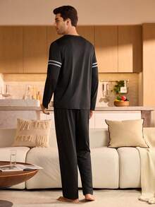 SHEIN Provexi 男士条纹圆领长袖上衣和裤子睡衣套装，秋冬家居服 - 黑色 - 查看 2