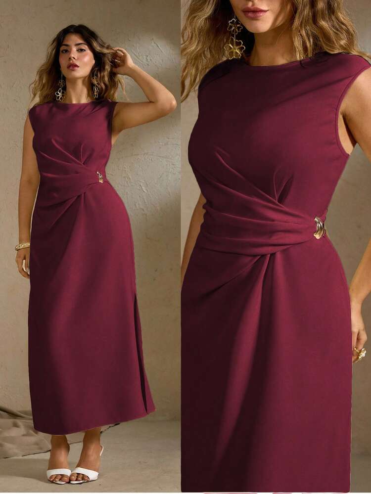 Roveilla 大码女式优雅休闲无袖长裙，带金属装饰，腰部收紧，侧开衩，适合通勤、度假、下午茶、派对婚礼宾客礼服 女式酒红色中长裙 栗色连衣裙 女士连衣裙 女士优雅连衣裙 勃艮第酒红色中长裙 女士连衣裙 优雅中长裙 - 中紫紅色 - 查看 4