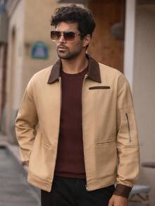 HIMLAND Men's Long Sleeve Casual Woven Patchwork Turndown Collar Loose Drop Shoulder Earthy Jacket Light Brown