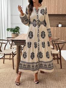 EMERY ROSE Đầm Maxi Tay Dài Cổ Chữ V Dáng Ôm, Thanh Lịch, Rộng Rãi, Họa Tiết Hoa Cho Nữ - Màu Khaki - Xem 7