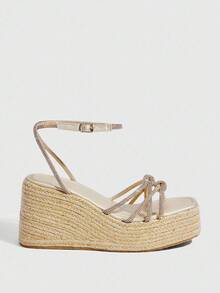 CUCCOO SZL Women's Wedge Thick Bottom Jute Rope Rhinestone Sandals - Gold - View 3