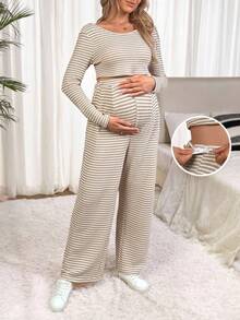 SHEIN Set Pakaian Hamil Atasan Lengan Panjang Bergaris Kasual Nyaman dan Celana Panjang - Khaki - View 1