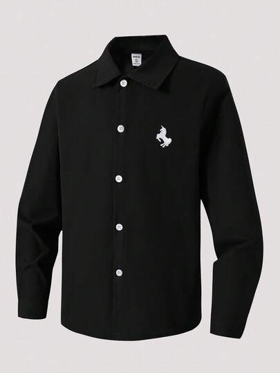 Camisa casual de manga larga con bordado de caballo de un solo pecho para niño preadolescente, otoño