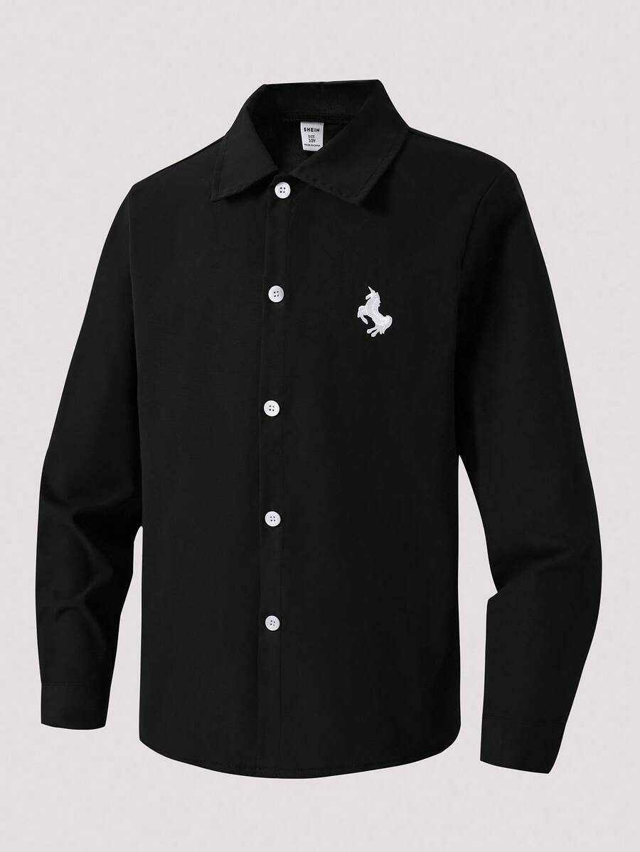 Tween Boy Embroidered Horse Long Sleeve Single-Breasted Casual Shirt, Autumn Fall Winter - Black - View 1