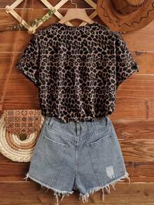 SHEIN LUNE 女士休闲简约豹纹圆领短袖宽松T恤，适合秋季休闲穿着。 - 白色 - 查看 2