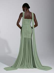 Elitara Elegant Luxurious Mustard Yellow Elastic Mesh Hollow Design Fitted Sexy Slit Fishtail Skirt, Suitable For Women's Formal Evening Gown - Mint Green - View 2