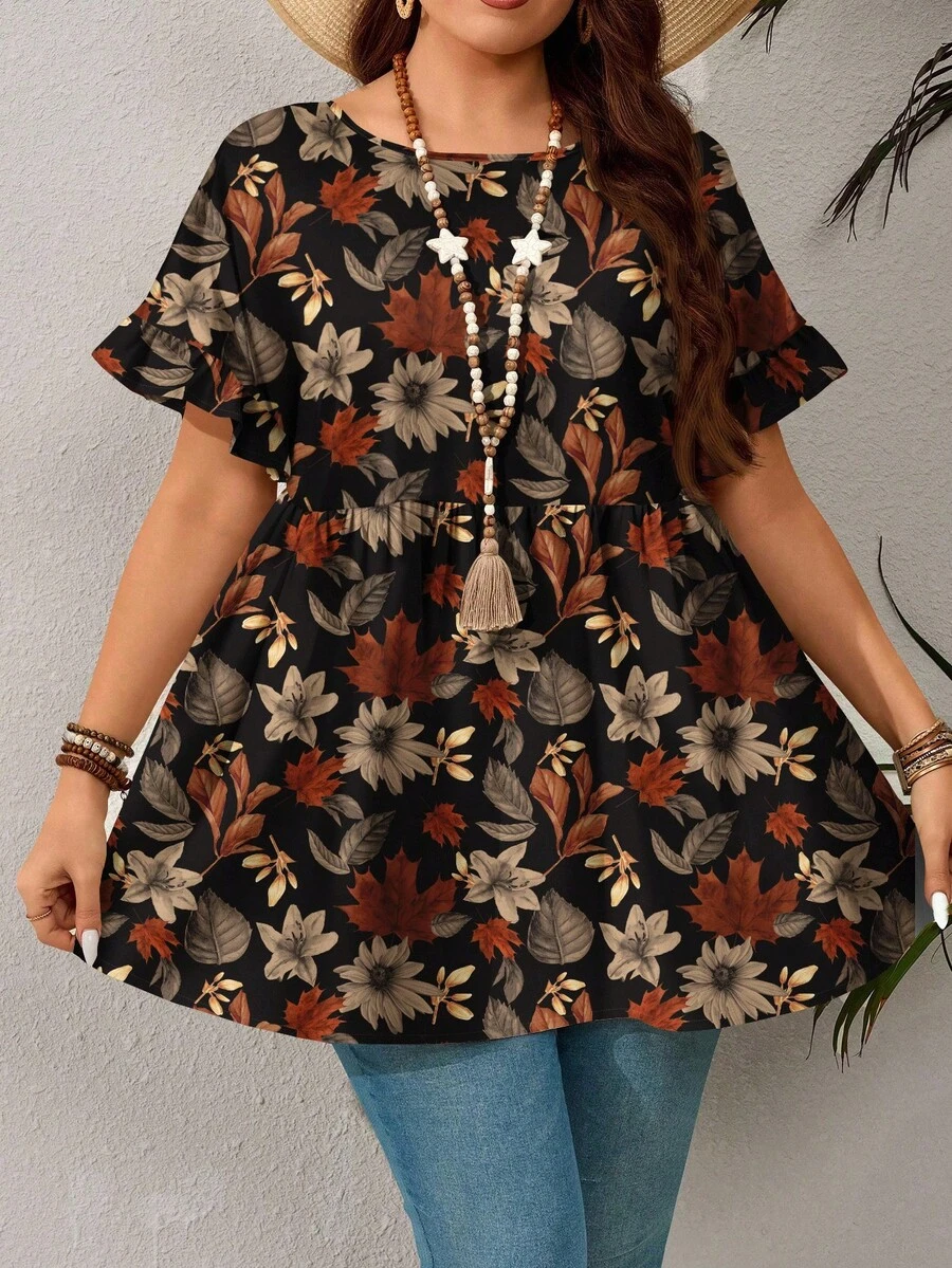 EMERY ROSE Estilo de vacaciones campestres, blusa de manga corta con cuello redondo y volantes en el bajo, talla grande, con estampado de hojas de arce, otoño - Blanco - Ver 1