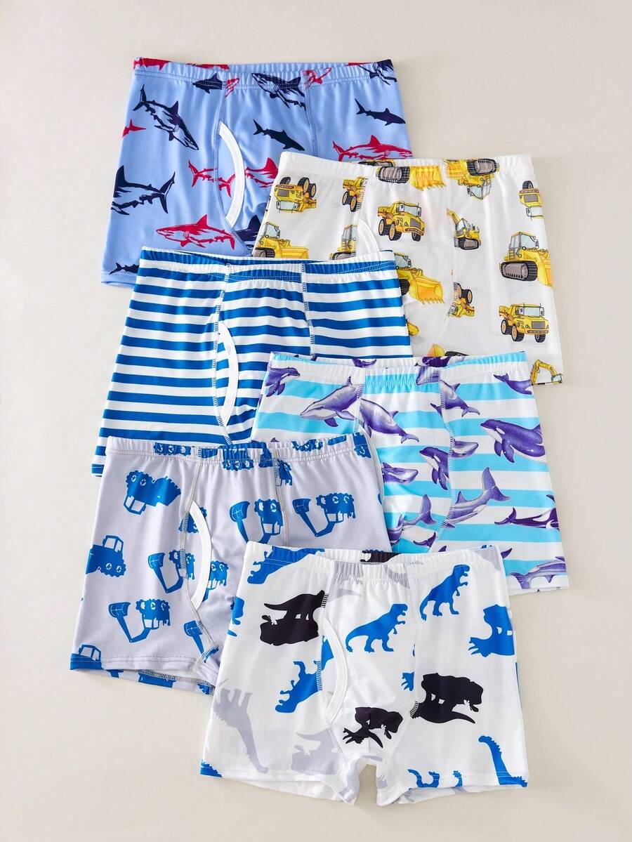 6pcs Boys' Kids Excavator, Shark, Dinosaur Graphic Comfortable Minimalist Sports Style Boxer Briefs Fall Winter