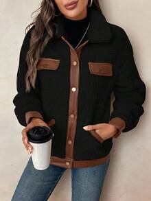 SHEIN LUNE 女士休闲PU拼接人造毛皮口袋外套，秋冬女式外套，黑色羊羔绒外套，泰迪熊外套，秋季女装，棕色外套，女士外套，休闲黑色外套，女士冬季服装，休闲 - 黑色 - 查看 6