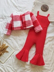 SHEIN 6個月-9歲女嬰秋季套裝 2件組 休閒可愛風 刷毛外套上衣＋喇叭褲 生日紅色格紋 - 紅色 - 查看 1