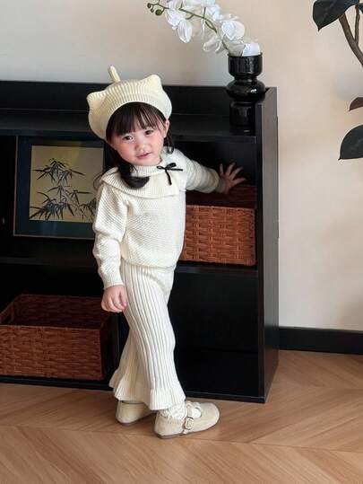 DAZY 女婴荷叶边领韩版蝴蝶结长袖毛衣裤套装，奶油色女婴套装，泡泡袖女婴套装，幼儿女童服装