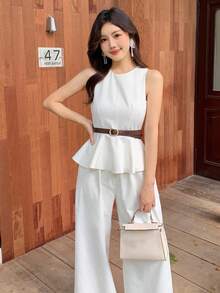 DAZY 2 piezas Mujer Cuello redondo Parte superior sin mangas con volante en el dobladillo, chaleco largo de unicolor para el verano