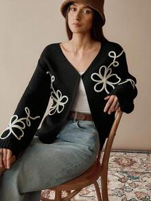 女式休闲波西米亚风落肩开衫 - 黑色 - 查看 4