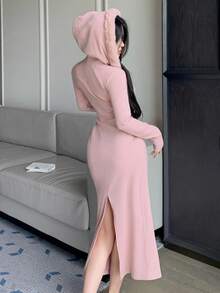 DAZY 秋冬纹理条纹羊毛毛领拼布连帽卫衣裙，性感高开叉修身中长连衣裙，粉色 - 粉色 - 查看 3