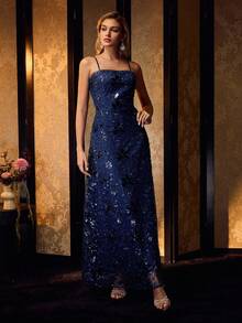 MOTF PREMIUM 优雅网眼撞色亮片刺绣花卉图案吊带裙（无腰带） - 藍色 - 查看 5