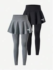 Sparklyn 2pcs/Set Tween Girls Casual All-Match Versatile Ballet Sports Bow Skirt Leggings