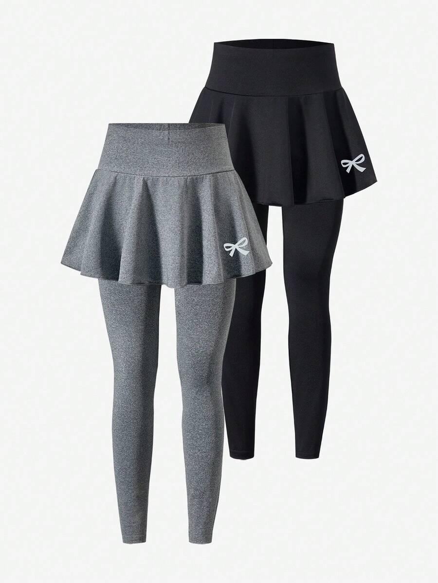 Sparklyn 2pcs/Set Tween Girls Casual All-Match Versatile Ballet Sports Bow Skirt Leggings