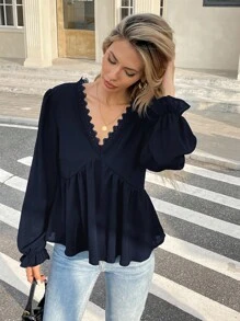 Serisse Áo cánh thường ngày cổ chữ V dài tay màu trơn cho nữ - Màu xanh hải quân - Xem 3