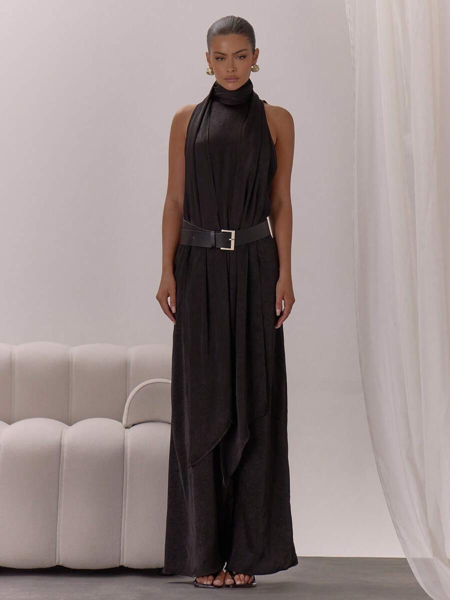 MUSERA Đầm maxi cổ cao, thắt lưng, dáng suông, gợi cảm, thích hợp cho các dịp đi chơi đêm, dự tiệc cưới, nghỉ mát, tiệc tùng, lễ tốt nghiệp, thanh lịch. - màu đen - Xem 1