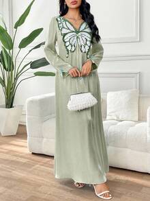 Yasmyna 女士优雅V领长袖亮片蝴蝶连衣裙 - 綠色 - 查看 4