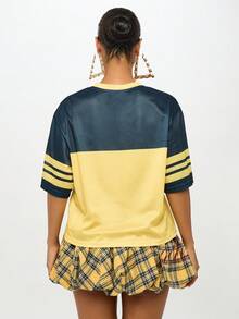 SUMWON WOMEN Varsity Jersey College Style Sporty Cheerleader Top Nostalgic Y2K Fashion Oversized Relaxed Number Print School Spirit Aesthetic Bold Casual Streetwear Prep School Retro Vibe Team Look - Yellow - View 2