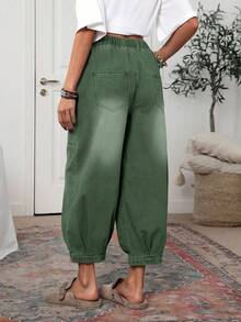 EMERY ROSE 女士休闲街头宽松腰部拼布口袋水洗哈伦牛仔裤女绿色裤子女士休闲裤女士夏季裤子女士工装裤女士橄榄绿裤子